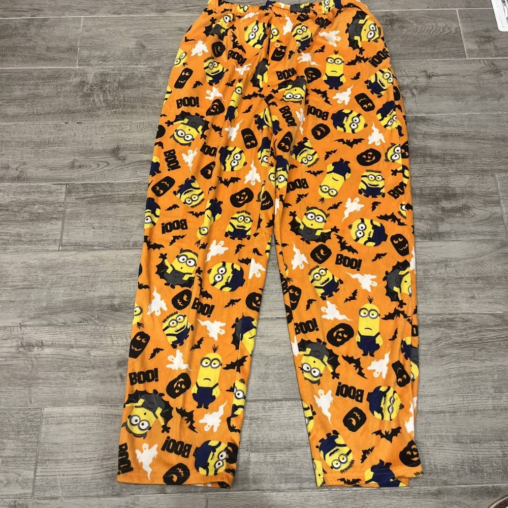 Minions Men's Halloween Pajama pants Size Large Orange Black Pockets‎ Drawstring